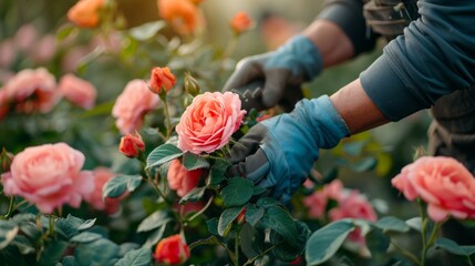 An experienced horticulturist carefully pruning a lush, blossoming rose bush in a tranquil garden - obrazy, fototapety, plakaty