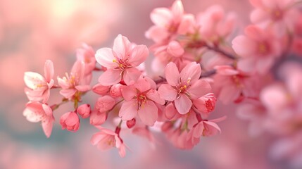 Delicate cherry blossoms in full bloom set against a soft pastel backdrop embody the beauty of spring