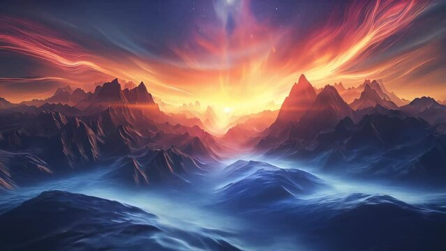 An expanse of rugged mountains under a magnificent starry sky bursting with colors, the surreal beauty stirs the imagination towards an unknown world.
