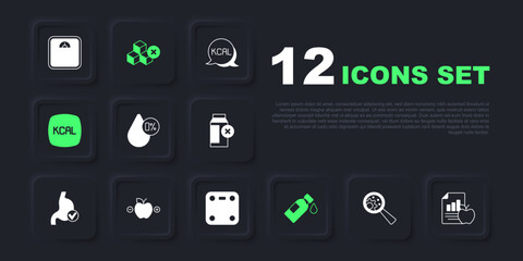 Set GMO, Diet plan, Water balance, Bottle of water, Kcal, Calorie calculator, No sugar free and Bathroom scales icon. Vector