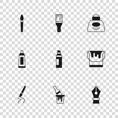 Set Paint bucket with brush, Fountain pen nib, Marker, Inkwell, and Tube paint palette icon. Vector