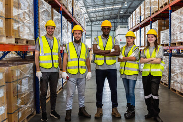 Diversity warehouse workers standing in distribution  factory