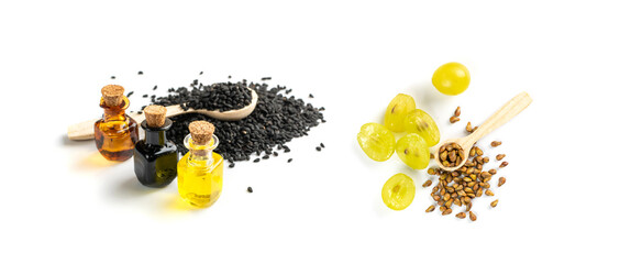 Black Cumin, Nigella Sativa or Black Caraway Seeds Essential Oil - obrazy, fototapety, plakaty