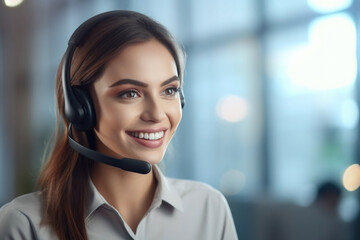 Happy young female customer support agent working in  call center 