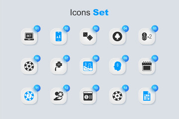 Set Casino chips, slot machine with clover, Online sports betting, Lottery ticket, Calendar, and Financial growth decrease icon. Vector