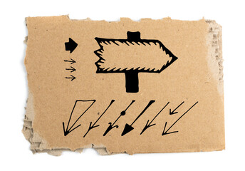 Cardboard Arrow, Arrows Made of Carton Piece, Ripped Kraft Paper, Brown Wrapping Vintage Paper Arrow