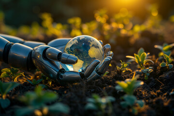 Two robotic hands holding the planet earth as a symbol that technology is taking over the Earth. 