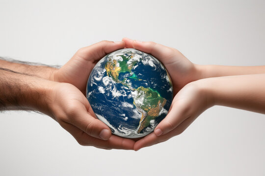 Two human hands holding planet earth as a symbol of care