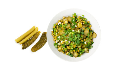 Pickled Gherkins Salad in White Bowl. Chopped Pickled Cucumbers, Canned Green Peas, Green Onions Salat