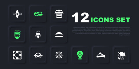 Set Speedboat, Tsunami, Ship bell, Location with anchor, Captain of ship, Nautical rope knots, and steering wheel icon. Vector