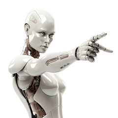 humanoid robot woman pointing isolated on transparent background