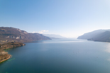 Kayak trip on the Lac du Bourget in Aix-Les-Bains, with aerial view by dorne of the canal from Savières to Chatillon, between castle, mountains and river in Savoie