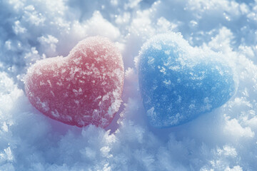 Fototapeta premium Two hearts shaped like candy in white snow.
