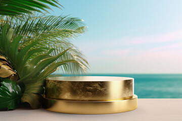 Fototapeta na wymiar Elevated Gold Stand with Oceanic Backdrop