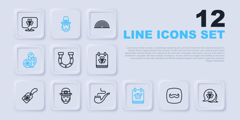 Set line Mustache, Clover trefoil leaf, Horseshoe, Saint Patricks day with calendar, Glass of beer, Leprechaun, and Smoking pipe icon. Vector