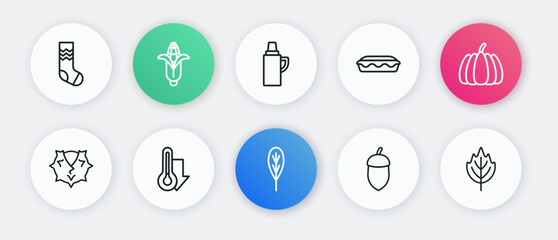 Set line Leaf, Pumpkin, Chestnut, Acorn, Homemade pie, Thermos container, and Thermometer icon. Vector