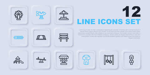 Set line Gymnastic rings, Hopscotch, Monkey bar, Mushroom house, Education logic game, Seesaw, Swing plane and Attraction carousel icon. Vector