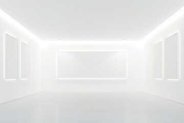 an empty white room with empty picture frames mockup