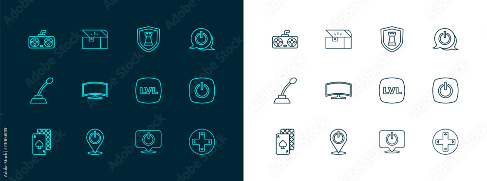 Poster set line power button, level game, computer monitor, chess shield, game controller joystick and ches