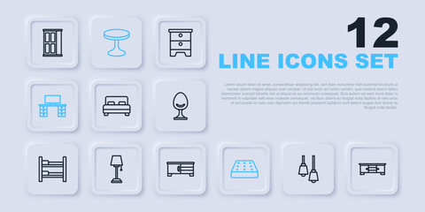 Set line Lamp hanging, TV table stand, Big bed, Mattress, Office desk, Floor lamp, Round and icon. Vector