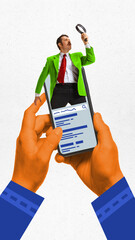 Modern aesthetic artwork. Hands holding smartphone with man in green blazer using magnifying glass...