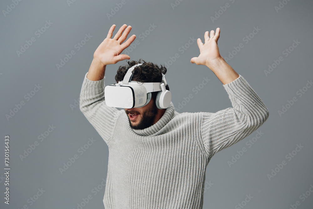 Poster headset man technology modern simulation background device entertainment vr virtual reality goggles 
