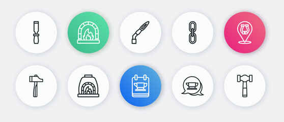 Set line Blacksmith anvil tool, Horseshoe, Hammer, Chain link, Welding torch, and oven icon. Vector