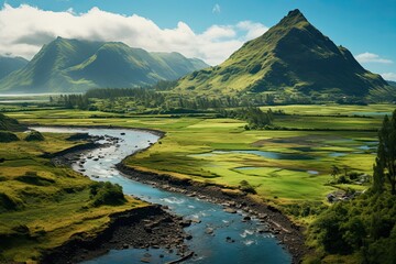 Mauritius landscape with a river and valley. Mountains in the background. Generative AI Art. Beautiful view. ..