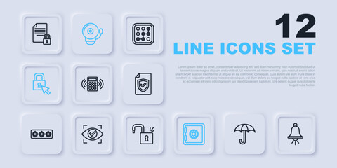 Set line Umbrella, Ringing alarm bell, Security keypad access panel, Safe, Lock, Eye scan, and Open padlock icon. Vector