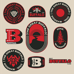 Big set of vintage labels and badges with buffalo animal mascot.