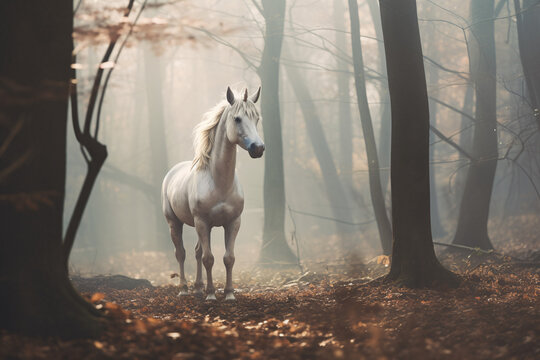 A white unicorn standing in a misty forest.