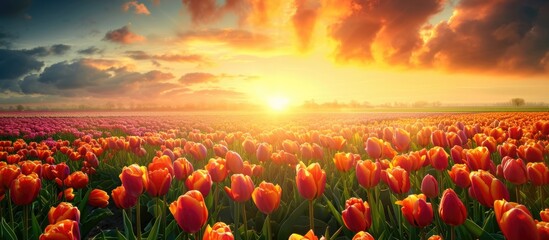 Fototapeta na wymiar Enchanting scenery with Netherlands tulip field and sunrise.