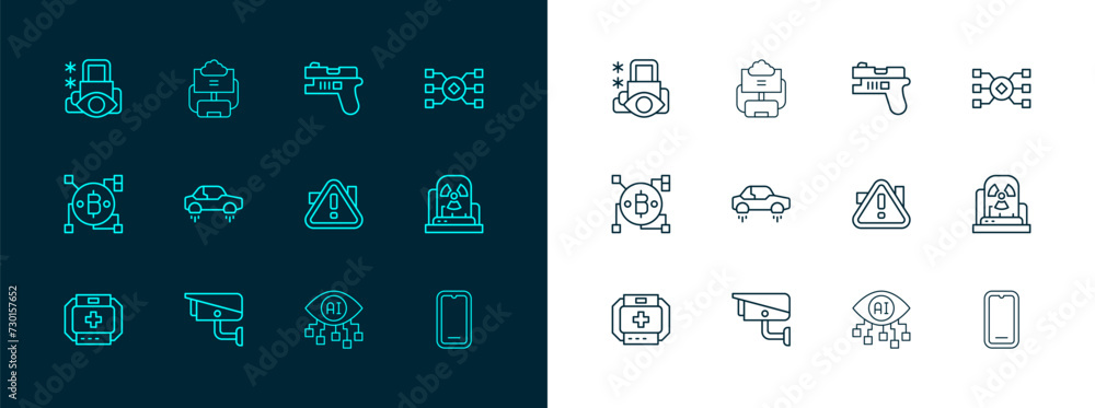 Aufkleber set line neural network, security camera, exclamation mark in triangle, computer vision, fantastic f