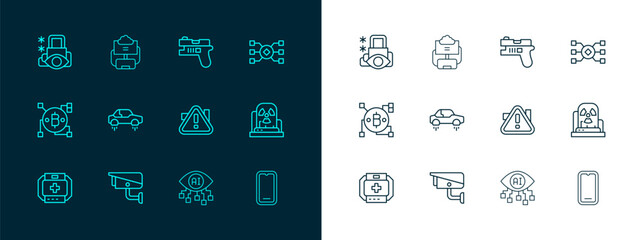 Set line Neural network, Security camera, Exclamation mark in triangle, Computer vision, Fantastic flying car, Futuristic weapon, Cyber security and Cloud database icon. Vector
