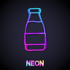 Glowing neon line Closed glass bottle with milk icon isolated on black background. Vector