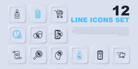 Set line Online shopping on phone, Location with cardboard box, Discount percent tag, Clock and discount, Magnifying glass, POS terminal and icon. Vector
