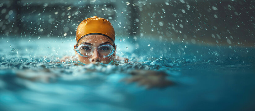 Swimming : water splash, woman in swimming pool for competition training, fitness or energy. Sports, fast speed or cardio with female swimmer and athlete for exercise. - Powered by Adobe
