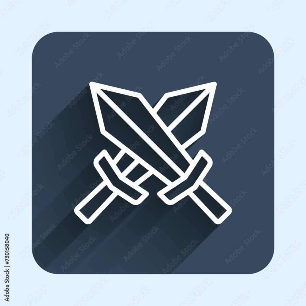 Poster white line sword for game icon isolated with long shadow background. blue square button. vector