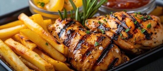 Grilled chicken with fries on a tray.