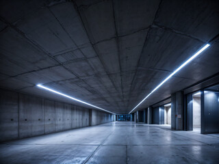empty underground parking, perspective view, lights