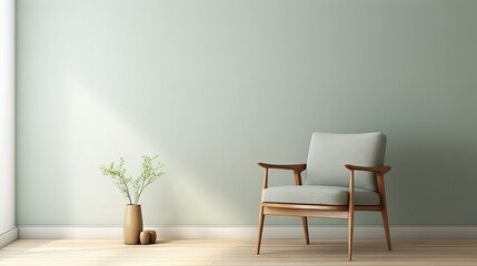 minimalist room with a sage green chair and wooden frames, bathed in the soft light of dawn