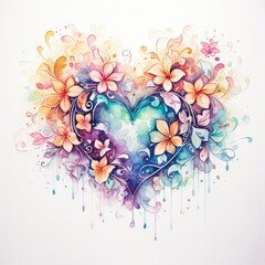 This is a colorful watercolor painting of a heart surrounded by flowers and butterflies
