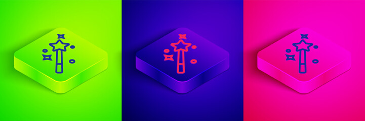Fototapeta premium Isometric line Magic wand icon isolated on green, blue and pink background. Star shape magic accessory. Magical power. Square button. Vector