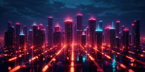 Obraz premium Neon Lights Illuminate a Futuristic Skyline at Dusk in a Modern Cityscape