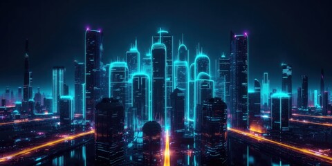 Fototapeta na wymiar Neon Lights Illuminate a Futuristic Skyline at Dusk in a Modern Cityscape