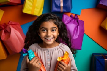 happy indian child girl with gift boxes tied ribbons and colorful paper decorations for the holiday