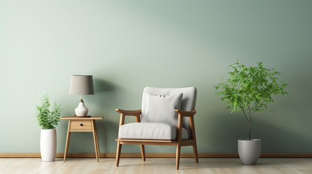 minimalist room with a sage green chair and wooden frames, bathed in the soft light of dawn