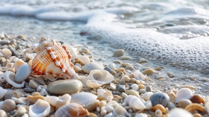 Fototapeta na wymiar Seashells and pebbles adorn the shore, adding natural beauty to the beachscape