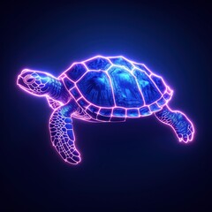 Fototapeta premium Neon Turtle Logo Glowing in Vibrant Blue and Red Hues Against a Dark Background