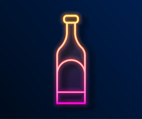 Glowing neon line Bottle of wine icon isolated on black background. Vector